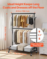 Clothes Rack, Rolling Clothing Garment Rack with Adjustable Crossbar and Side Ho
