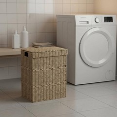 2 Pieces Lidded Laundry Hamper Large Capacity Woven Clothes Container Carry