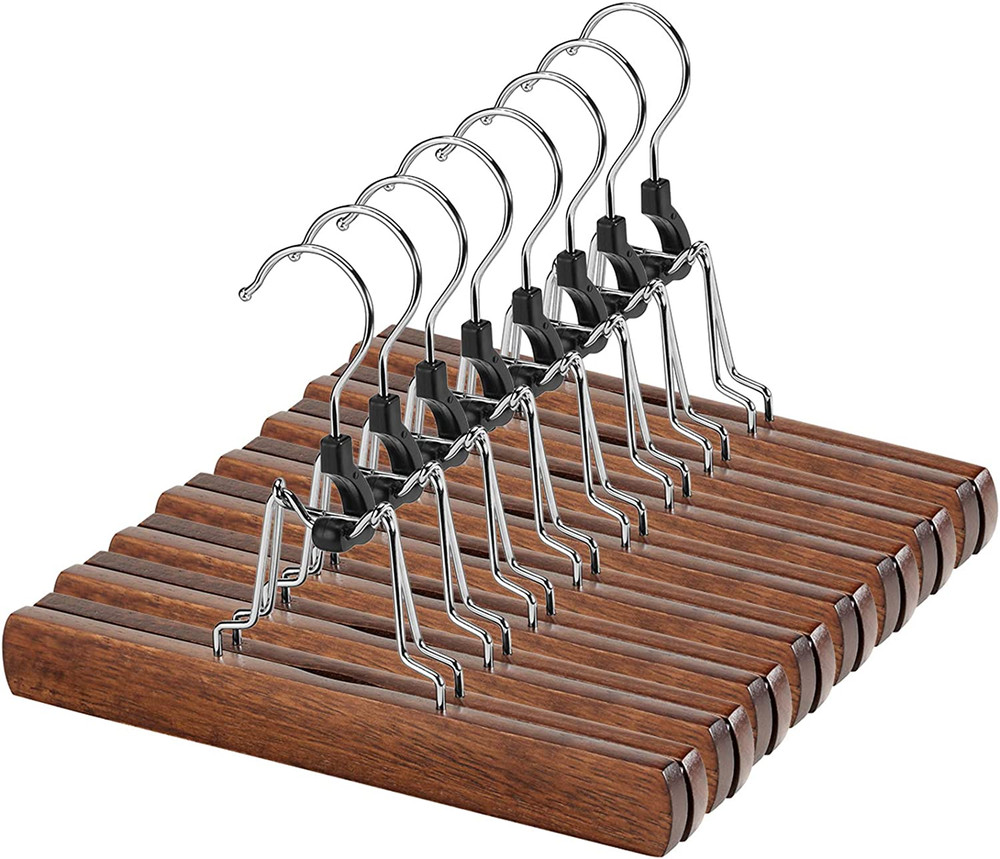 12 Pack Wooden Pants Hangers with Clips Non Slip Skirt Hangers Walnut Trouser Cl