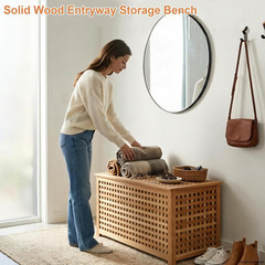 Solid Wood Entryway Bench with Storage, Large Storage Chest with Removable Bag,