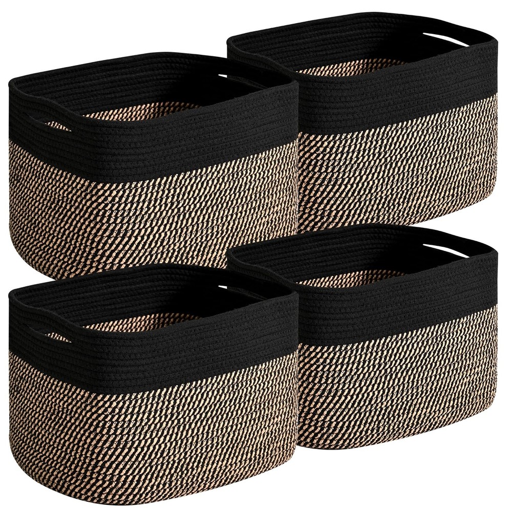 Small Storage Baskets Organizing Shelves Cotton Rope Toy Black 12.7×9.1 4 PCS
