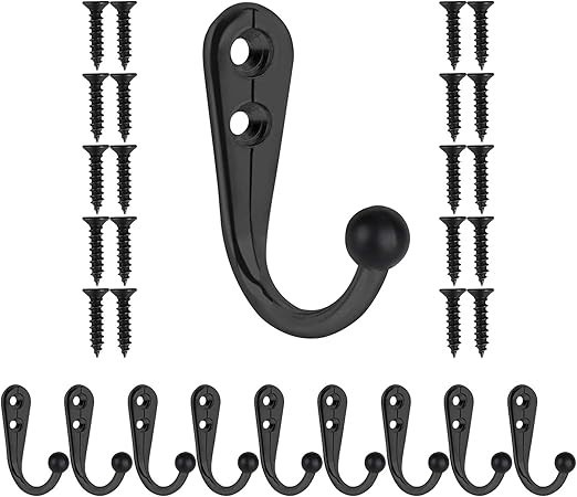HAHAYOO 10 PCS Wall Coat Hooks, Black Heavy Duty Metal for Coats, Hats, Bags