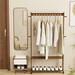 Walnut Wood Rolling Clothing Garment Rack Open Wardrobe f Entryway Bedroom Shop