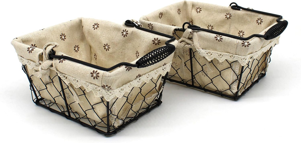 Set of 2 Rustic Chicken Wire Gift Baskets with Fabric Liner and Handle