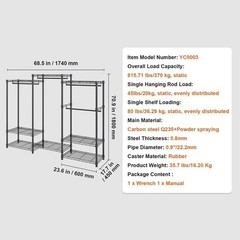 Clothes Rack Rolling Clothing Garment Rack 4 Hang Rods & 8 Storage Tiers