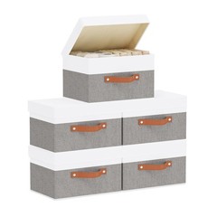 5 PCS White Grey Fabric Storage Bins Linen Collapsible Boxes 13×9.1×7.9 Inch