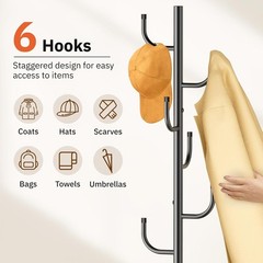 Heavy Duty Coat Rack Freestanding 6 Hook Clothes Tree with Wooden Base Black