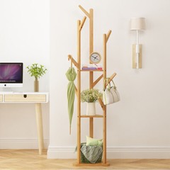 Solid Bamboo Hall Tree 10 Hook Clothes Coat Rack 3Tier Corner Home Garment Shelf