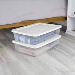 Sterilite 28 Quart Small Bin Clear Plastic Storage with White Snap-On Lid