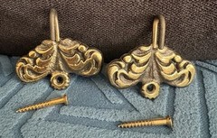 Vintage Solid Brass Picture Rail Hooks Ornate Molding Hangers Denmark Pair