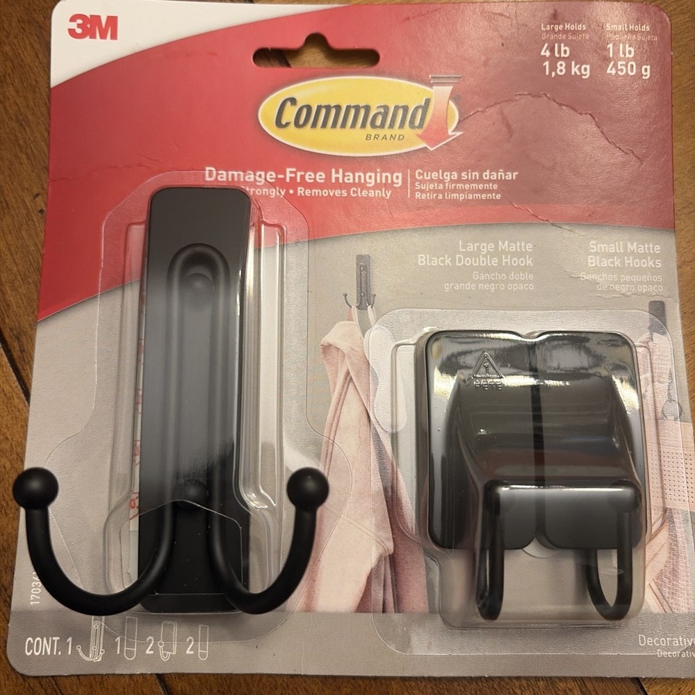 3M COMMAND 1 Large 2 Small Hooks Matte Black Hook