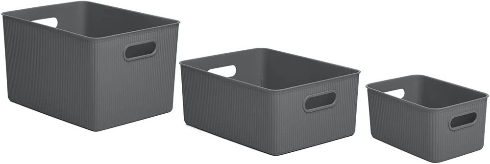 Superio Grey Ribbed Storage Bin with Lid, Plastic (22L, 15L, 5L) -Set of 3