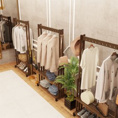 XL Movable Solid Wood Clothes Rack Clothing Rack with Shelf & Hook Garment Stand