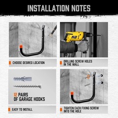 6 Pack 8 Inch Heavy Duty Garage Hooks, Wall Mount Storage Hangers for Ladder, Bi
