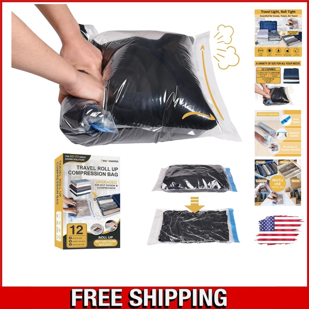 Travel Compression Bags – 12 Durable PA+PE Bags for Ultimate Packing Efficiency