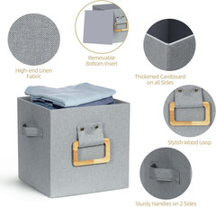 Stylish Collapsible Storage Cubes with Wood Handle – 4 Pack, Gray