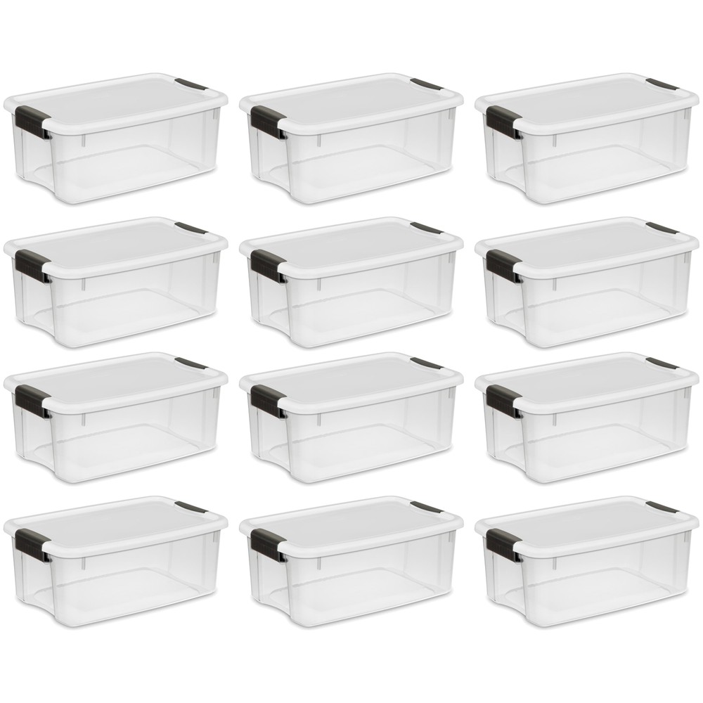 Sterilite 18 Quart Clear Plastic Stackable Storage Bin w/ Latch Lid, (12 Pack)