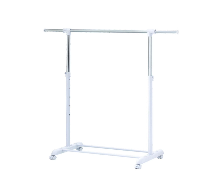 Clothing Rail Adjustable Height Wheels Rolling Garment Rack Metal Chrome, White