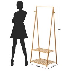 Bamboo Clothing Rack with Top Hanging Garment Rod, 2 Side Hooks & Bottom 2-Ti…