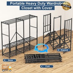 59″ Portable Heavy Duty Metal Closet Foldable Covered Clothes Rack with Cover