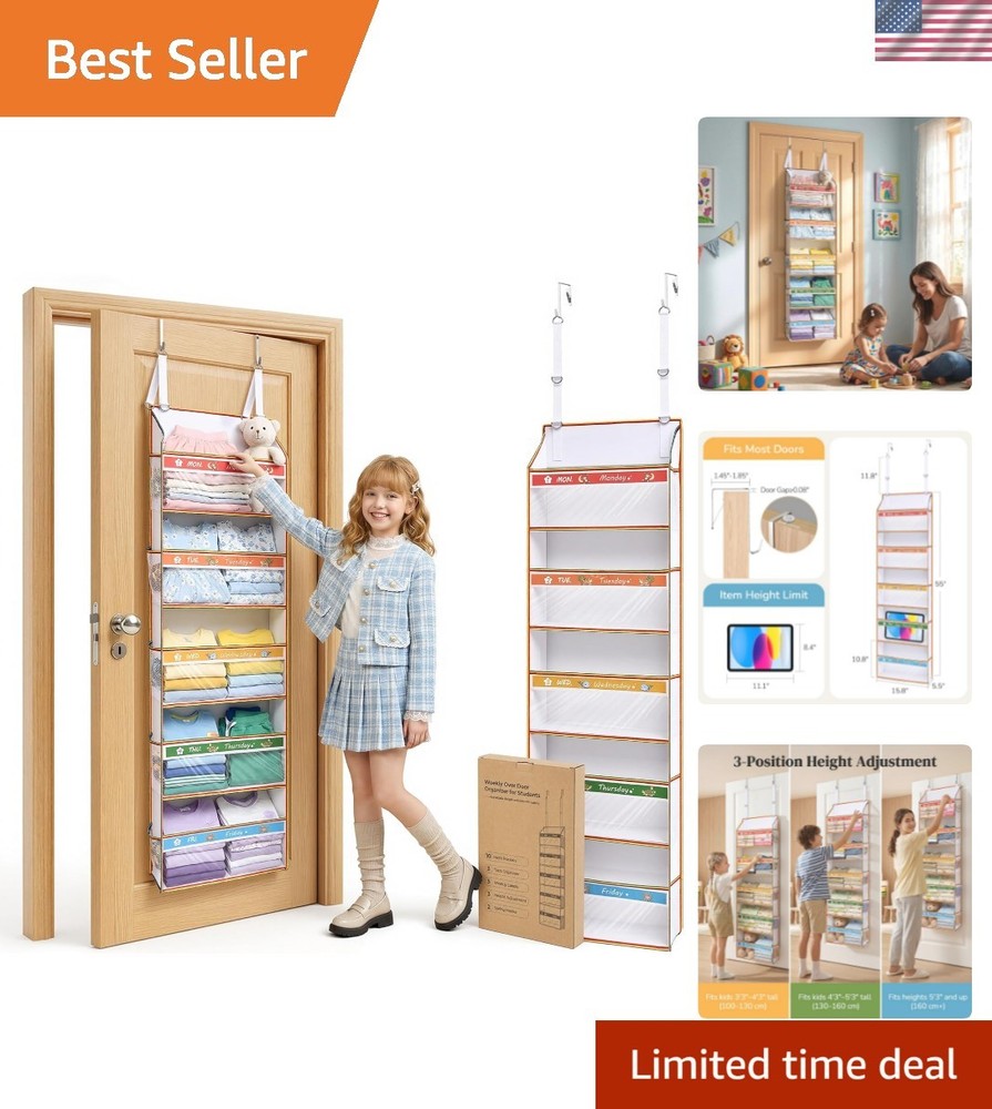 5 Tiers Adjustable Weekly Over Door Organizer with 10 Mesh Side Pockets, 44 l…