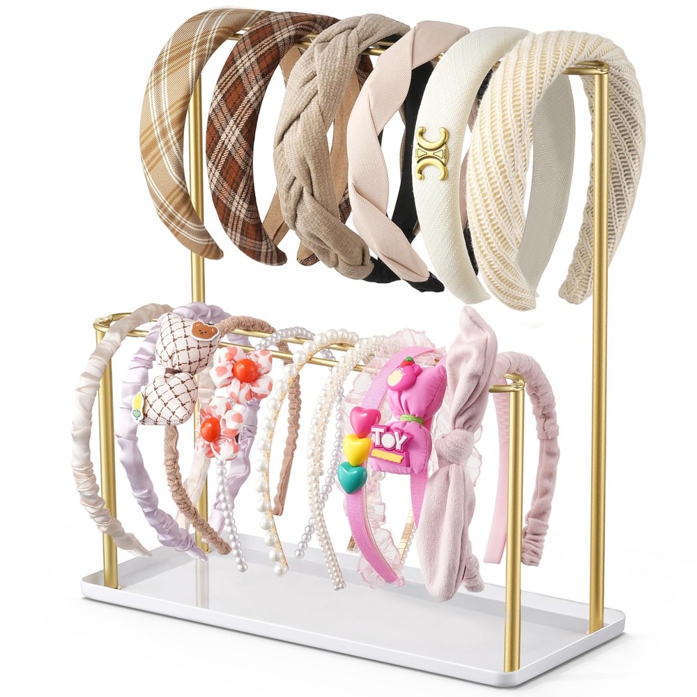 Headband Holder Organizer Metal 2-Tier with Tray: Hair Accessories Display Stand