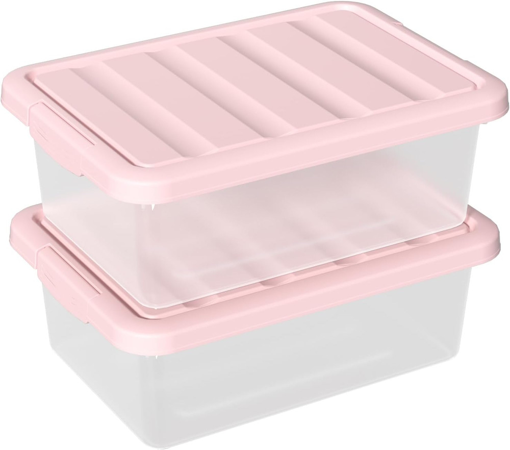 Stylish 14 Quart Clear Storage Boxes with Pink Lids – Set of 2