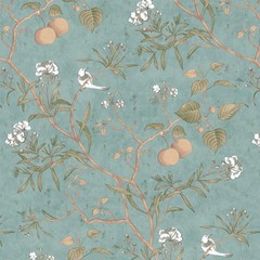 Vintage Botanical Birds Peel and Stick Wallpaper Vinyl 17.7″W x 117″L, Blue