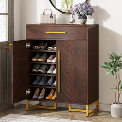 39.4 In. H X 31.5 In. W Cherry 20-Pair Shoe Storage Cabinet with Drawer and Door