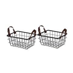 Black Wire Storage Organizer Baskets 2-Pack, Faux Leather Handles Multi-Size