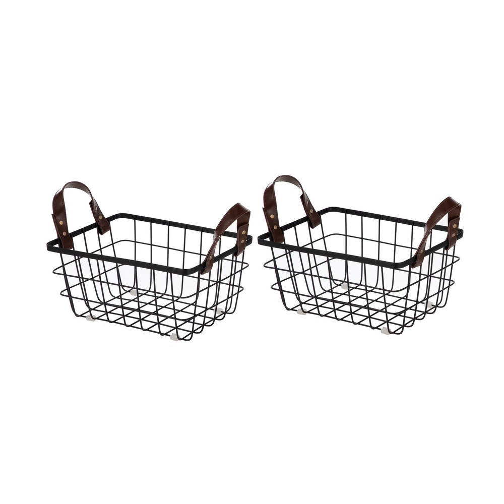 HomeZone 2 Pack Black Wire Storage Baskets with Faux Leather Handles