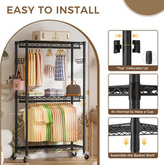 Heavy Duty Clothes Rack Rolling Garment Rack,3 Tier Adjustable Wire Shelving
