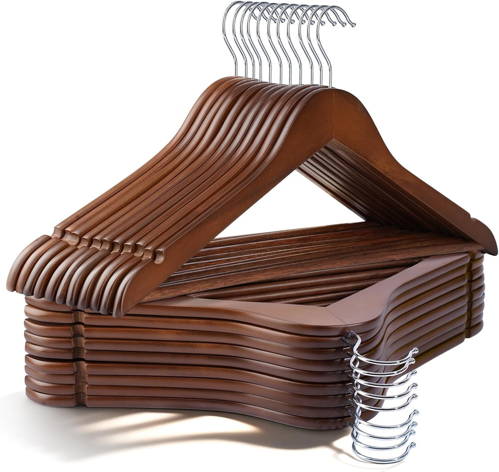 30 Pack Heavy Duty Wooden Hangers with Pant Bar & 360° Hook – Walnut Finish