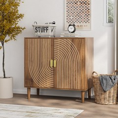 Line Groove Walnut Buffet Sideboard Cabinet 2 Door Accent Storage Cabinet