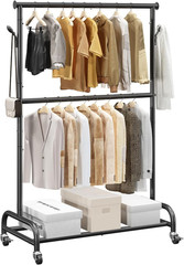 Clothes Rack, Rolling Clothing Garment Rack with Adjustable Crossbar and Side Ho