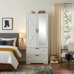 Farmhouse Wooden Closet Organizer Mirror Wardrobe with Drawers and Hanging Rods