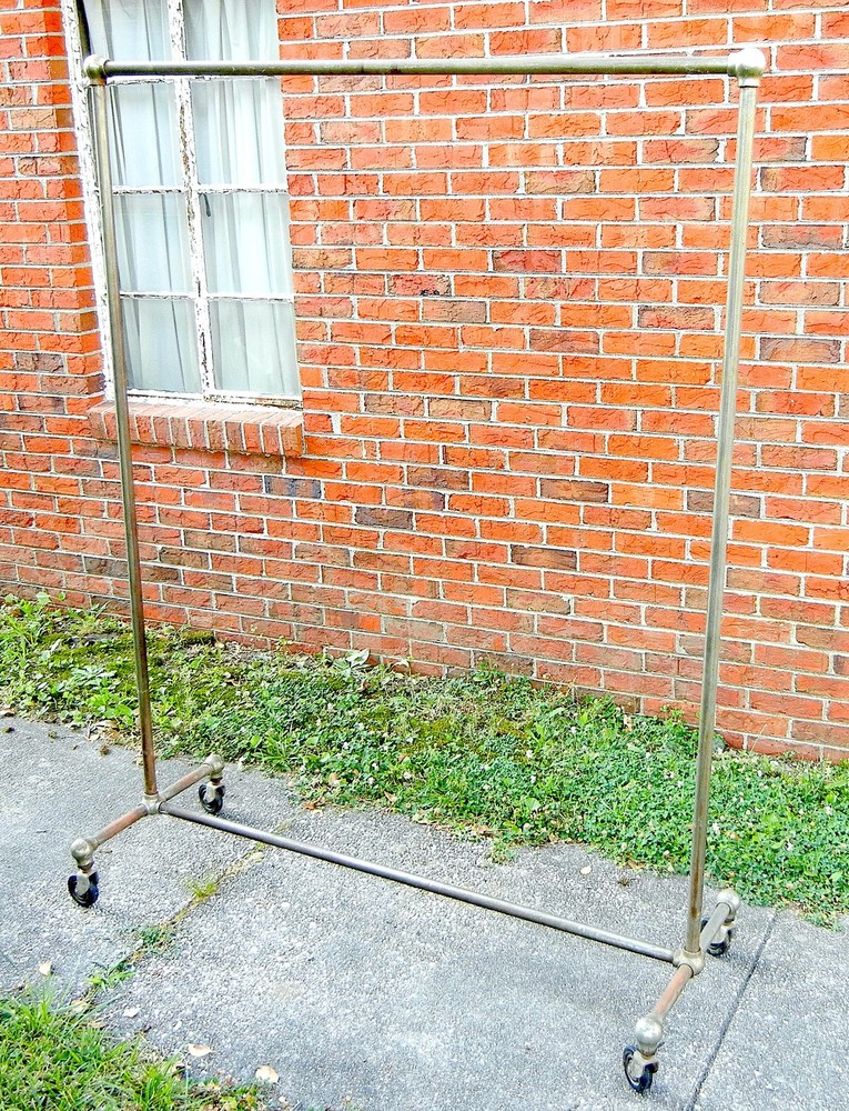 ANTIQUE ART DECO INDUSTRIAL GARMENT CLOTHING IRON & BRASS RACK