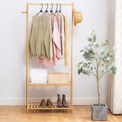 Bamboo Clothing Rack with Top Hanging Garment Rod, 2 Side Hooks & Bottom 2-Ti…