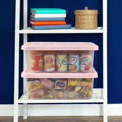 14 Quart Plastic Latching Storage Bin Frosted Clear Box Pink Lid 2 PCS