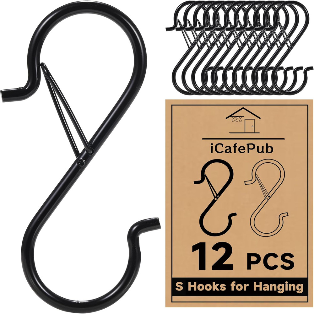 12 PCS S Hooks for Hanging with Safety Buckle, 3.5 Inch Heavy Duty Metal S Shape
