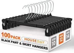 Black Pants Hangers 50 Pack, 12 Inch Skirt Hangers with Non-Slip Big Clips and 3