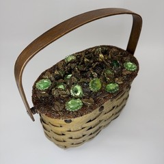 Vintage Jolles Original Woven Basket Gem Flowers Wood Handle