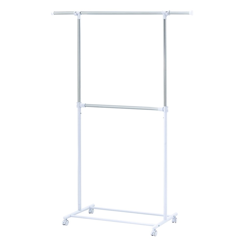 2-Shelf Garment Drying Clothes Rack – Adjustable Height, Locking Wheels, Metal