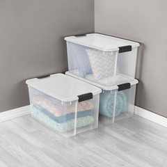 70 Qt. Clear Plastic Stackable Storage Bin W/ White Latch Lid, 16-Pack