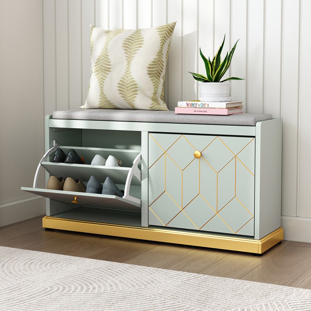Shoe Storage Cabinet with Bench 2 Flip Drawers Shoe Rack Storage Organizer Green