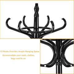 Wood Standing Hat Coat Jacket Bag Hanger with Umbrella Stand & 12 Hooks Black