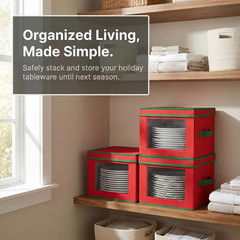 536RED Holiday China Storage Chest with Lid and Handles | Dinner Plate | Red Can