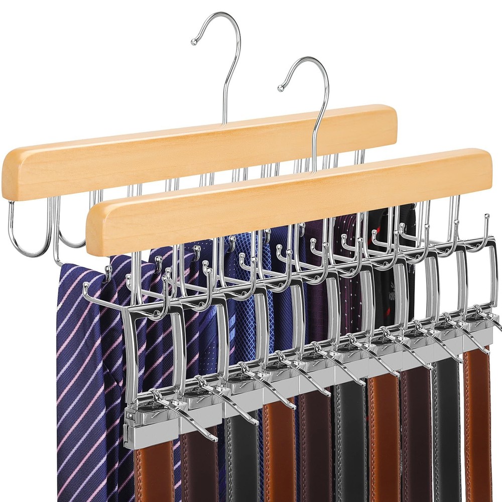 2-Pack 2-in-1 Belt Tie Hanger for Closet Max 60 Belts with 60 Ties Capacity