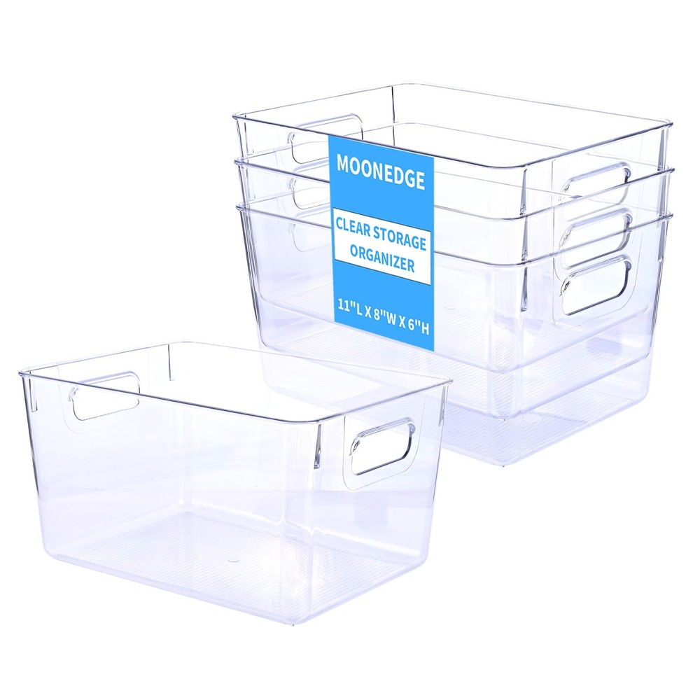 MOONEDGE 4 Pack Clear Plastic Storage Bins 11x8x6in Containers 4