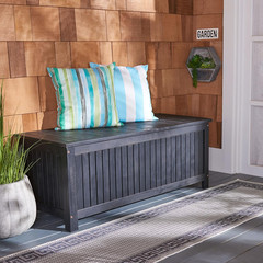 SAFAVIEH Outdoor – Abri Cushion Storage Box – Black Solid Wood – Coastal Resort